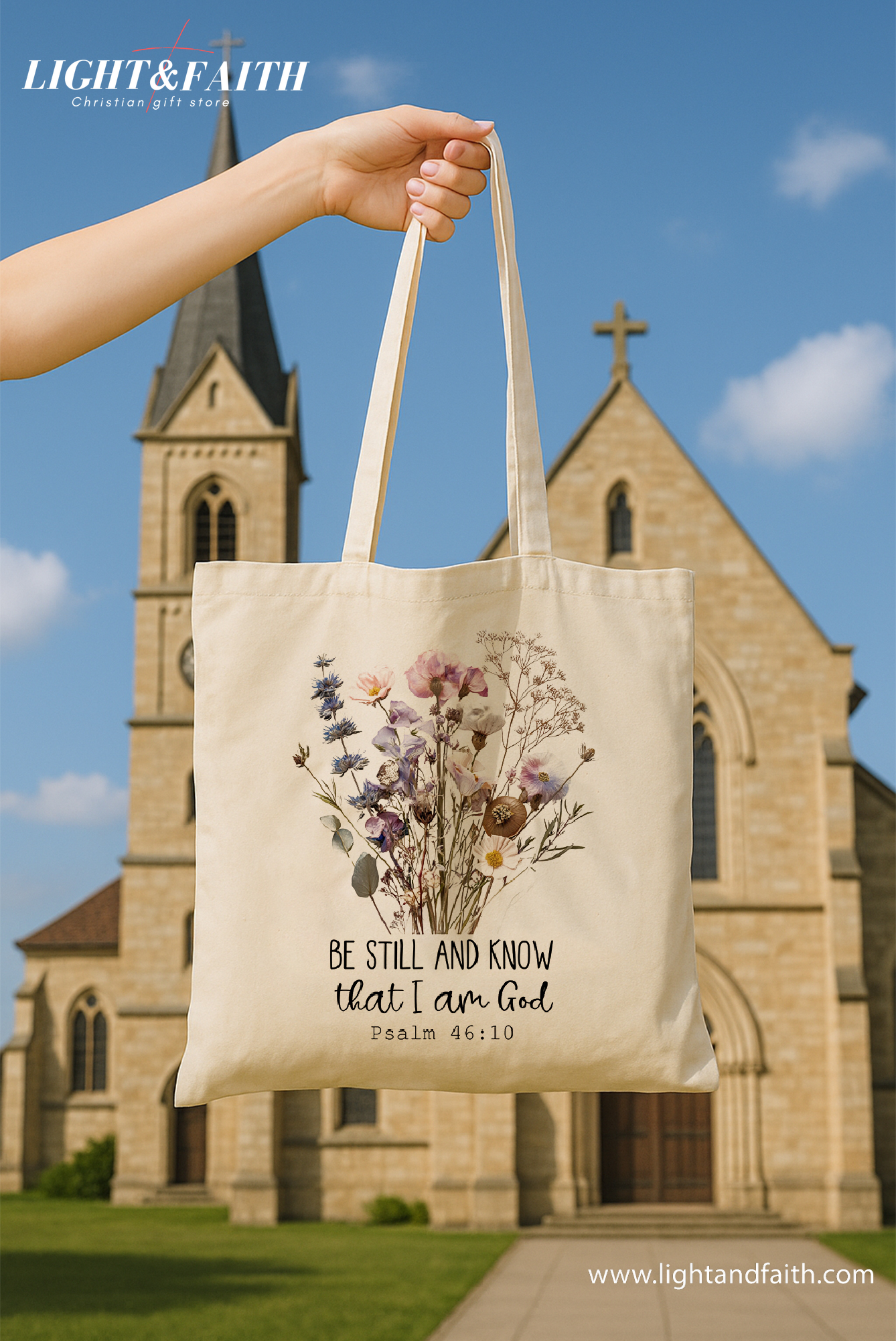 Boho Christian Tote Bag – Be Still and Know Psalm 46:10 – Floral Bible Verse Bag – Faith-Based Gift for Women – Reusable Canvas Tote – Religious Accessories TBLAF14
